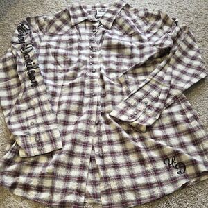 Harley-Davidson Burgundy and Cream Plaid Shirt with Embroidered Tag